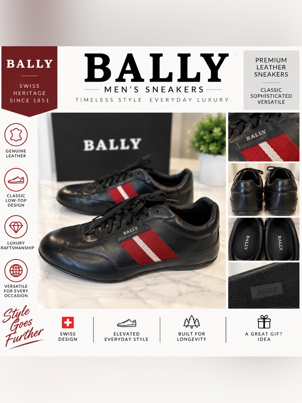 Bally Black Leather Sneakers with Red and White Side Stripe